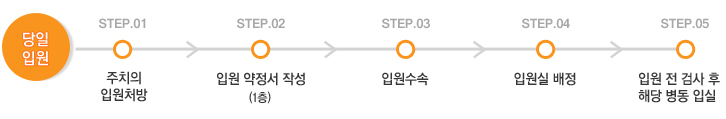 당일입원-주치의 입원처방-입원약정서작성-입원수속-입원실배정-입원전검사후해당병동입실 