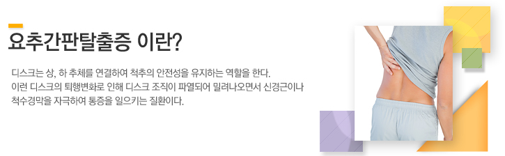 디스크는 상, 하 추체를 연결하여 척주의 안전성을 유지하는 역할을 한다. 이런 디키스의 퇴행변화로 인해 디스크 조직이 파열되어 밀려나오면서 신경근이나 척수경막을 자극하여 통증을 일으키는 질환이다.