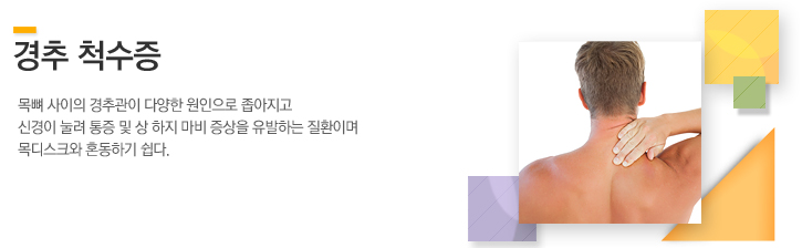 목뼈 사이의 경추관이 다양한 원인으로 좁아지고
신경이 눌려 통증을 유발하는 질환이며 목디스크와 혼동하기 쉽다. 