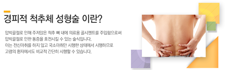 척추뼈가 부러지거나 주저앉은 경우, 척추뼈를 바로 세우고 제 기능을 할 수 있도록 영상장치를 이용해 확인하고 이 부위에 국소 마취를 한 후 실시간으로 촬영된 통증부위를 보며 골절된 척추뼈에	긴 주사바늘을 넣고 주사기로 의료용 골 시멘트(강화제)를 주입하여 척추체의 높이가 증가시켜 통증을 감소시킨다.