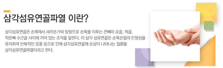 각섬유연골파열은 손목에서 새끼손가락 방향으로 손목을 이루는 큰뼈와 요골, 척골, 작은뼈 수근골 사이에 끼어 있는 연골을 말한다. 이 삼각 섬유연골은 손목관절의 안정성을 유지하며 반복적인 운동으로 인해 삼각섬유연골에 손상이 나타나는 질환을 삼각섬유연골파열이라고 한다.?